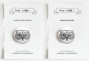 Mandala Owl Black and White - 1" Pin or Magnet