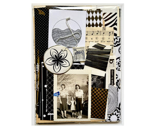 Junk Journal Scrap Pack  Vintage Ephemera package with different shades and textures of Black and White papers and assorted stickers, ribbon, bus transfers, cancelled stamps, photos, sheet music, etc. 