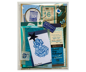 Junk Journal Scrap Pack  Vintage Ephemera package with different shades and textures of Blue papers and assorted stickers, bus transfers, cancelled stamps, matchbook covers, etc. 