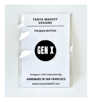 Gen X (Generation X) black and white pinback button, packaged on recycled paper, in 100% compostable clear glassine bag