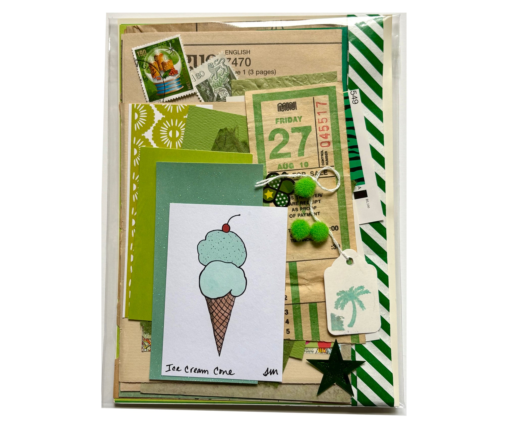 Junk Journal Scrap Pack  Vintage Ephemera package with different shades and textures of Green papers and assorted stickers, ribbon, bus transfers, pompoms, cancelled stamps, etc. 