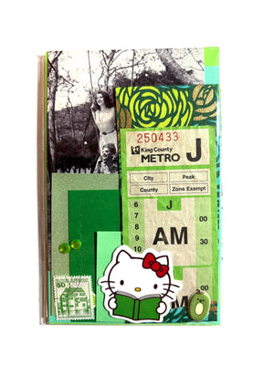 Mystery Ephemera Kit, authentic vintage junk journal kit with different shades and textures of green decorative papers, stickers, pompoms, cancelled stamps, etc. 