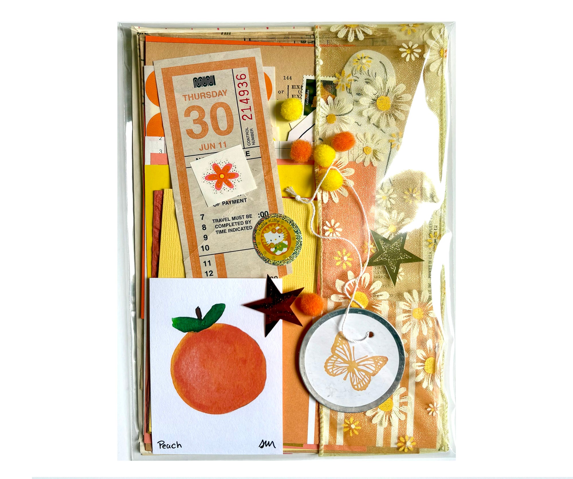 Junk Journal Scrap Pack  Vintage Ephemera package with different shades and textures of Orange and Yellow papers and assorted stickers, pompoms, cancelled stamps, etc. 
