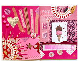 Monochromatic Pink Junk Journal page using different shades of pink papers, metallic foil, flowers cut out from magazines, mini art print of ice cream cone, pantone color page, cancelled stamps, old book pages cut into heart shape, washi tape with little pink hearts and sewing pattern stips. 
