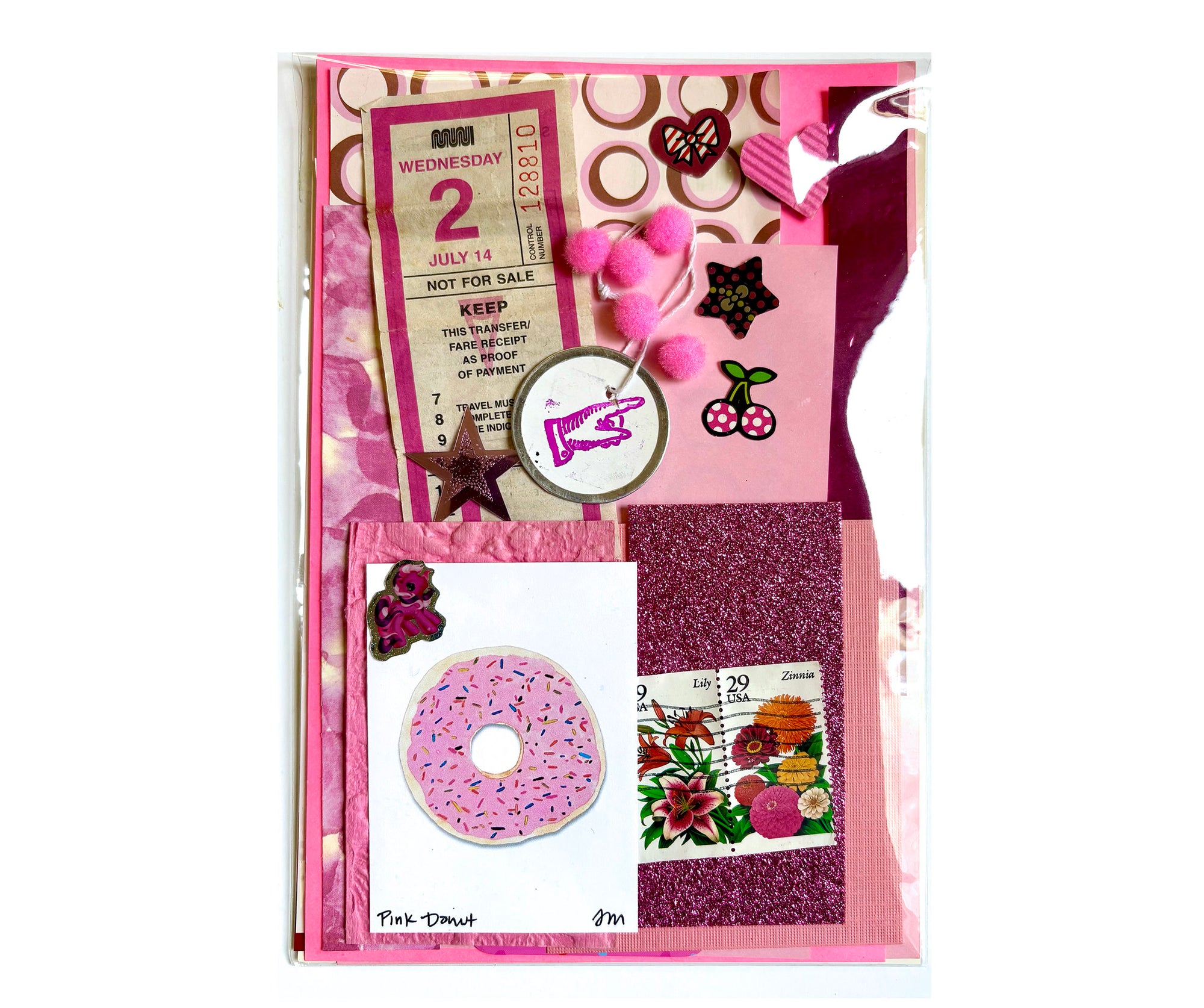 Junk Journal Scrap Pack  Vintage Ephemera package with different shades and textures of pink papers and assorted stickers, pompoms, cancelled stamps, etc. 
