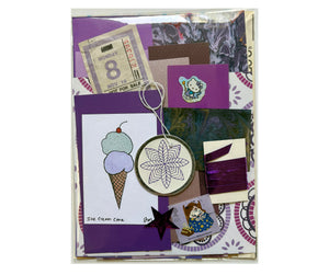 Junk Journal Scrap Pack  Vintage Ephemera package with different shades and textures of Purple and Lavender papers and assorted stickers, ribbon, bus transfers, cancelled stamps, etc. 