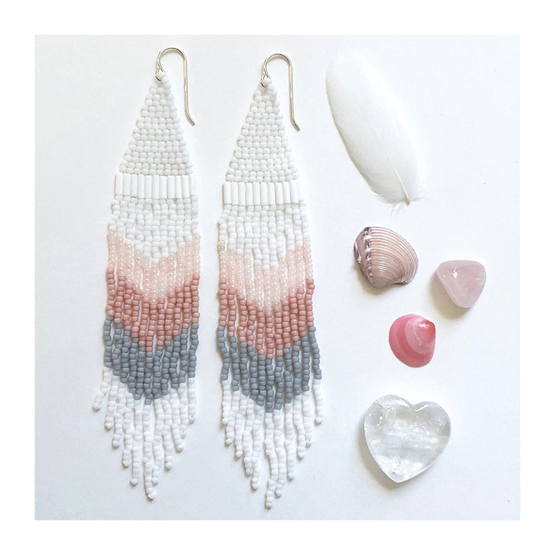 Extra long Handmade Seed Bead Fringe Earrings in chevron pattern with shimmering blush vintage beads and matte white gray and pink.