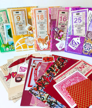 Collection of Mystery Ephemera Kits, authentic vintage junk journal kit with decorative papers, stickers, pompoms, cancelled stamps in green, yellow, orange, pink, purple and red.