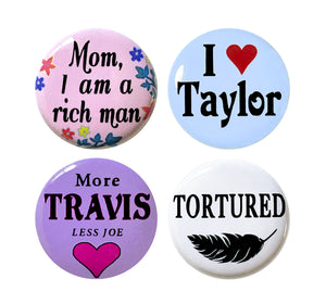 Set of 4 Taylor Swift inspired super strong magnets. Collection Includes Mom, I am a Rich Man, I Love Taylor, More Travis, Less Joe, and Tortured. See additional photo descriptions for colors and more details.