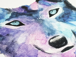 Closeup of watercolor wolf art print