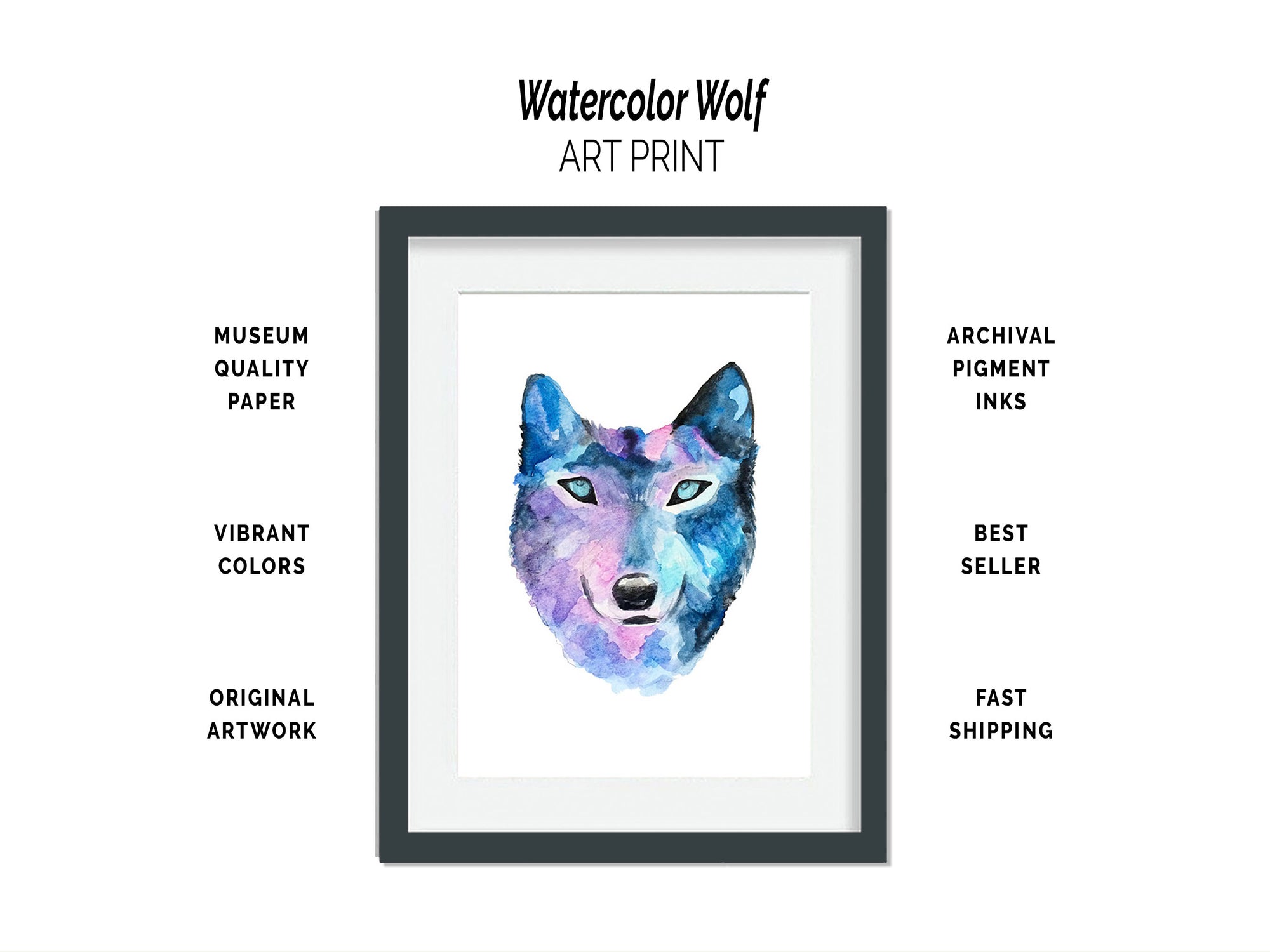 original artwork watercolor wolf shown framed