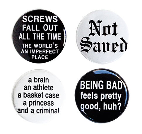 Set of four extra strength magnets with the best quotes from the John Hughes classic 80s movie, The Breakfast Club. Collection Includes: Screws Fall Out All the Time, The World's An Imperfect Place, Not Saved, A brain, an athlete, a basket case, a princess and a criminal, and Being Bad Feels Pretty Good, Huh?
