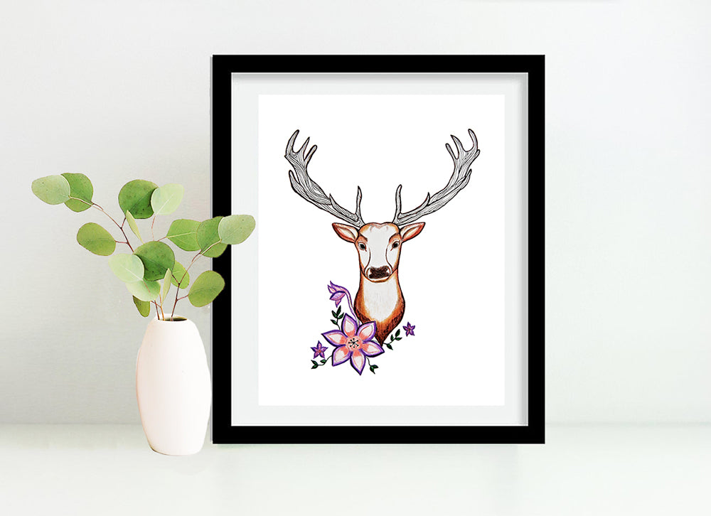 Stag Deer with Flowers 8x10 Art Print by Tanya Madoff