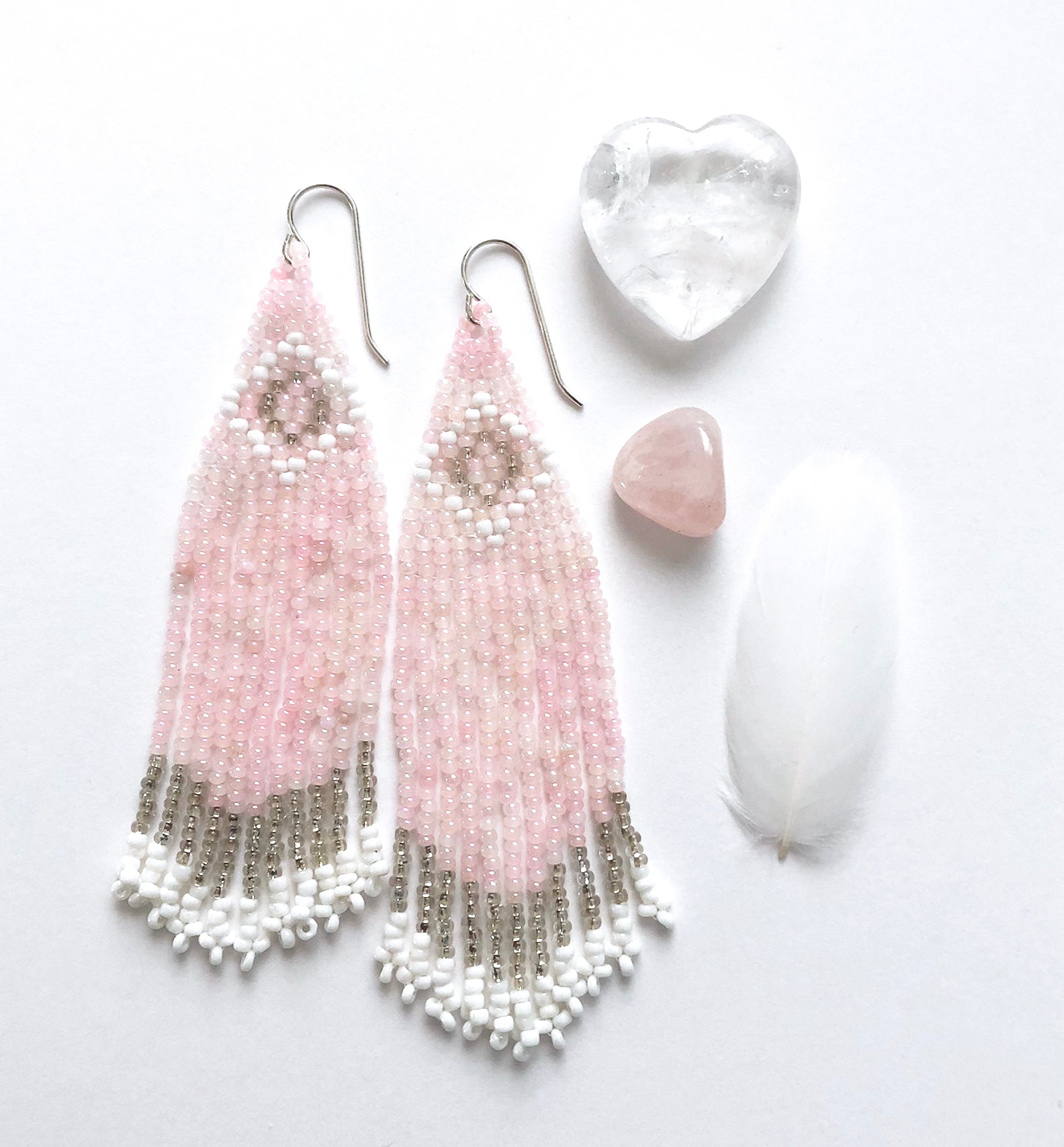 Handmade Pink Seed Bead Fringe Earrings - Art Deco Style with antique blush, white and silver beads