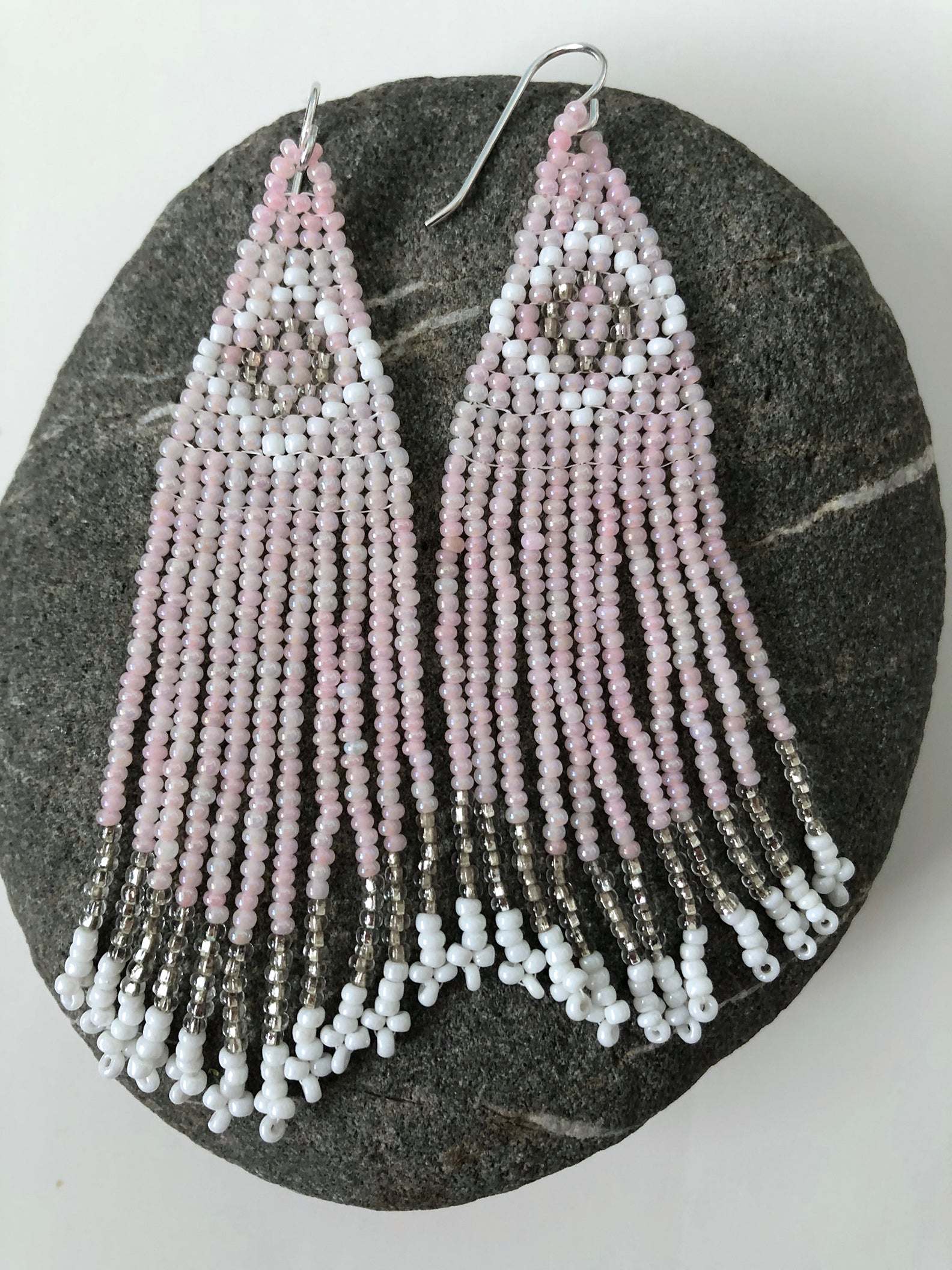 Handmade Pink Seed Bead Fringe Earrings - Art Deco Style with antique blush, white and silver beads