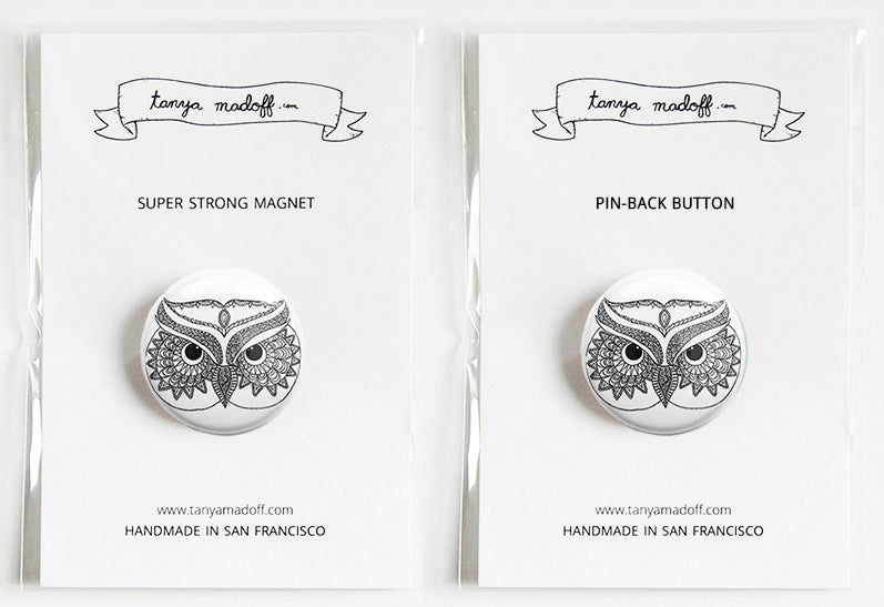 Mandala Owl Black and White - 1" Pin or Magnet