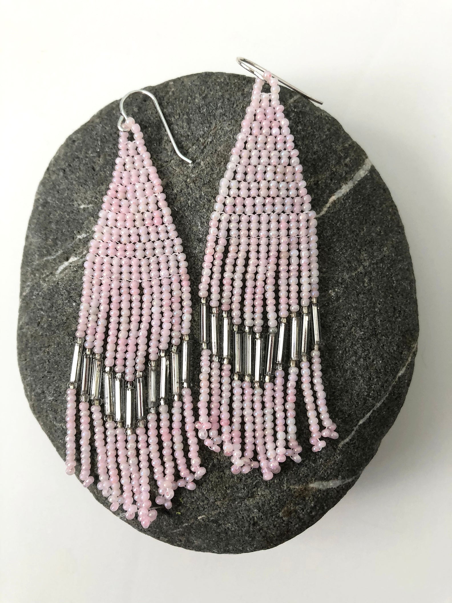 Handmade Seed Bead Fringe Earrings - Pink Art Deco Style with Antique Mirror Beads, shown in bright light